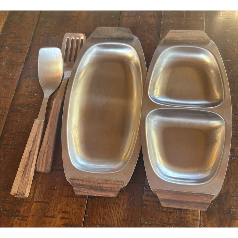 MID CENTURY MODERN‎ Vintage Stainless Steel & Wood Trays JAPAN & Utensils Relish